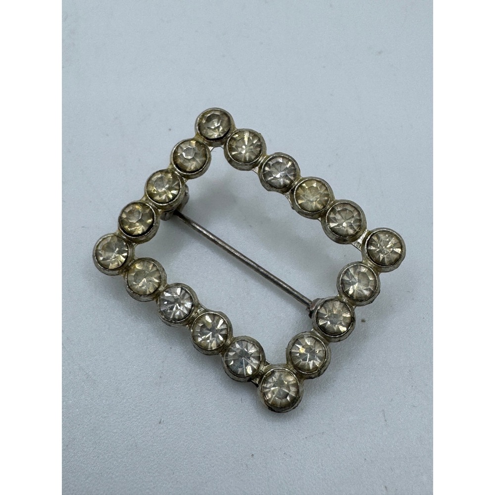 Vintage Silver Tone Clear Rhinestone Rectangle Open Frame Brooch Pin